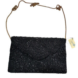 NWT Jane Marie Black Scallop Beaded Bag Clutch Crossbody Purse 9.5”